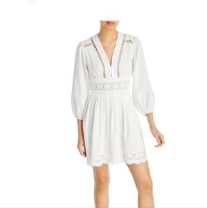 AQUA Embroidered Mini Dress Women's Small White V-neck Swiss Dot 3/4 Sleeve Sz L